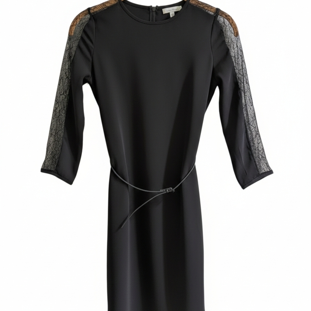 Calvin Klein Black Lace Detail Sheath Dress Sz 2 LDB Minimalist Belt Cocktail